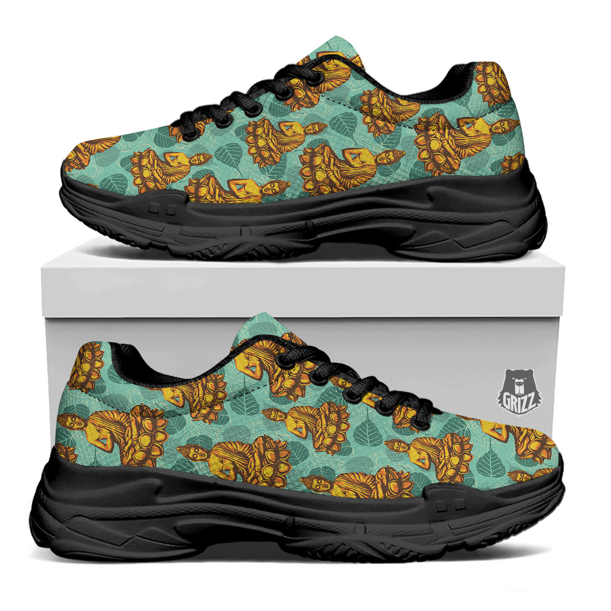Buddha Sits On The Leaf Print Pattern Black Chunky Shoes-grizzshop