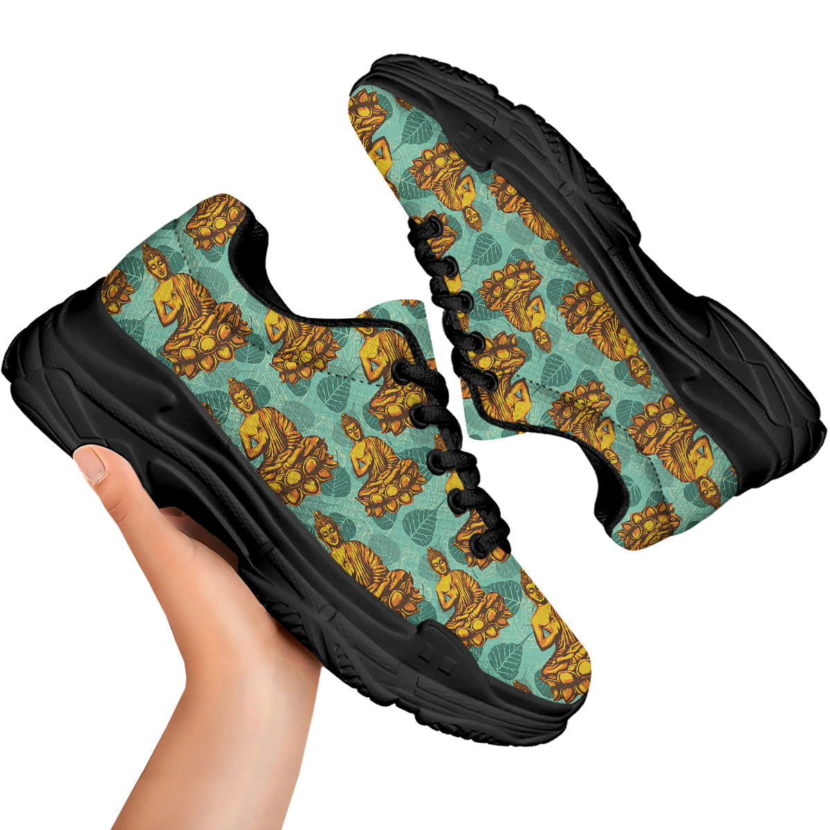 Buddha Sits On The Leaf Print Pattern Black Chunky Shoes-grizzshop
