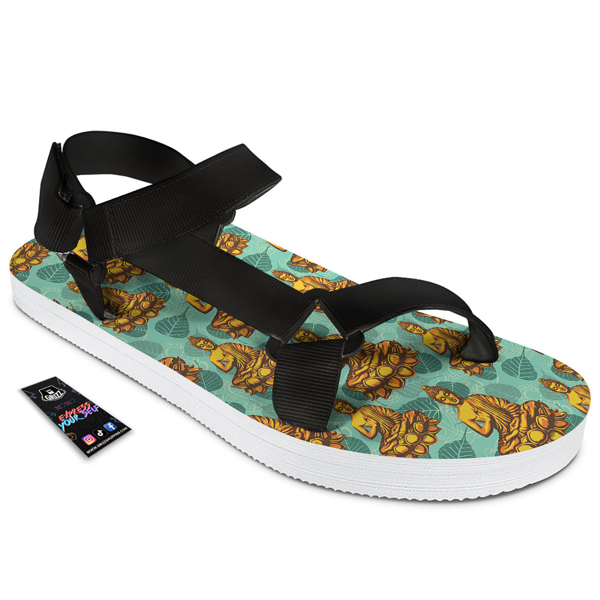 Buddha Sits On The Leaf Print Pattern Black Open Toe Sandals-grizzshop