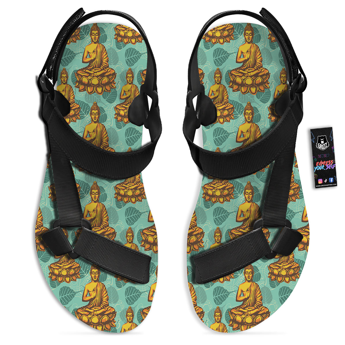 Buddha Sits On The Leaf Print Pattern Black Open Toe Sandals-grizzshop
