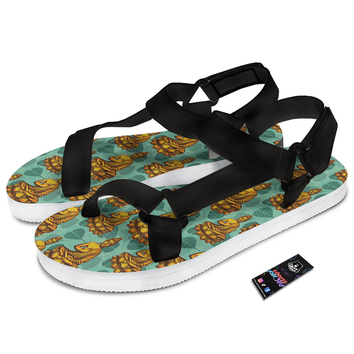 Buddha Sits On The Leaf Print Pattern Black Open Toe Sandals-grizzshop