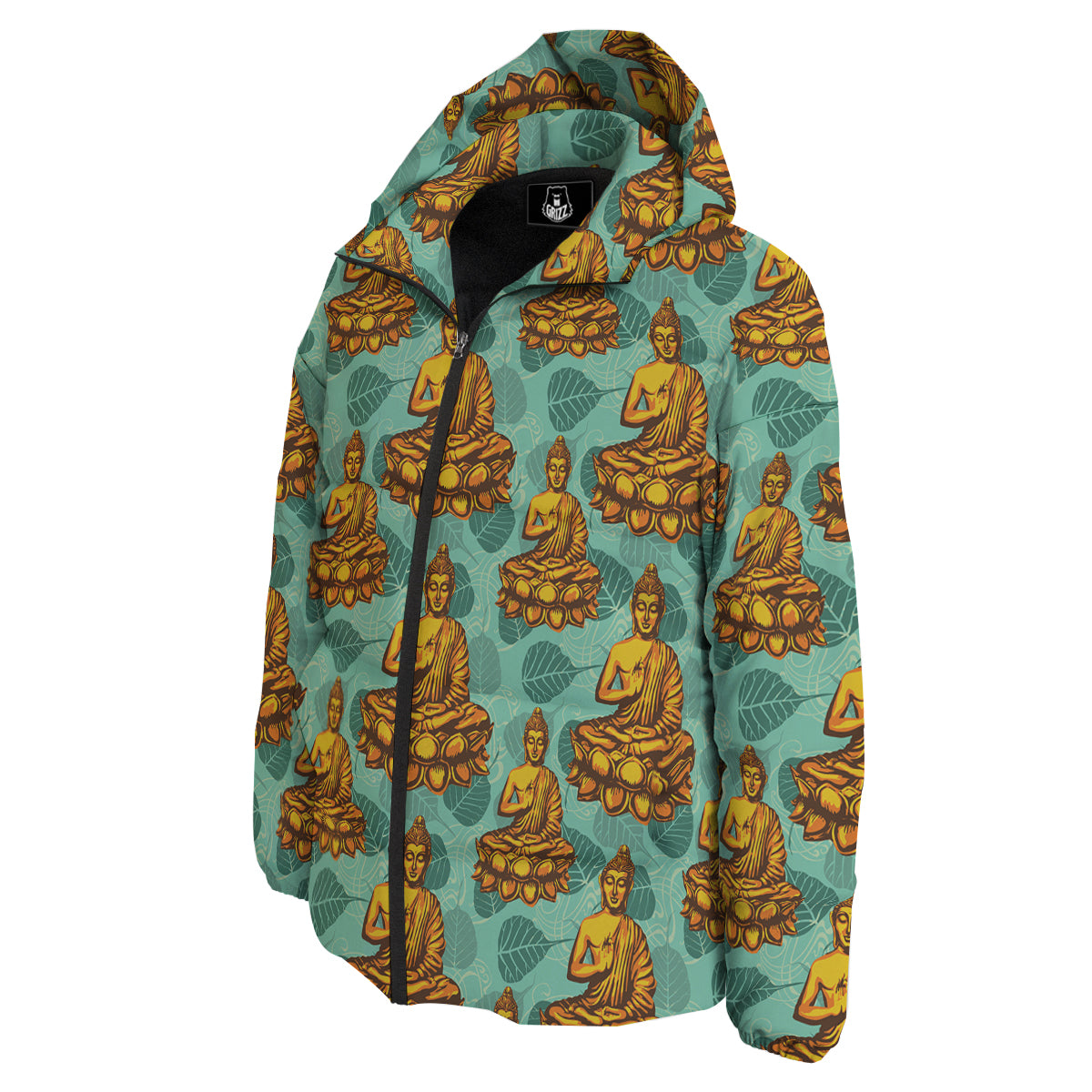 Buddha Sits On The Leaf Print Pattern Down Jacket-grizzshop