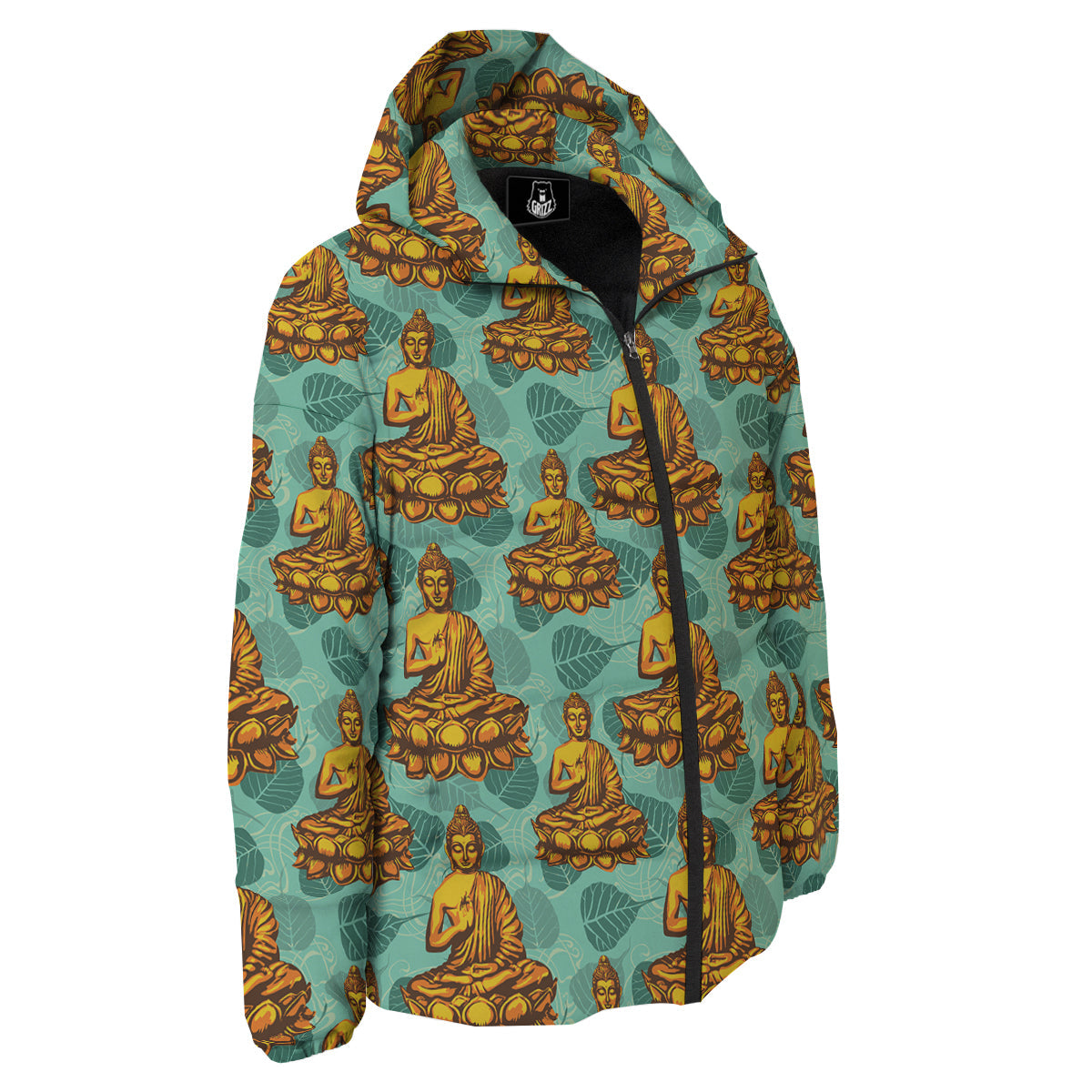 Buddha Sits On The Leaf Print Pattern Down Jacket-grizzshop