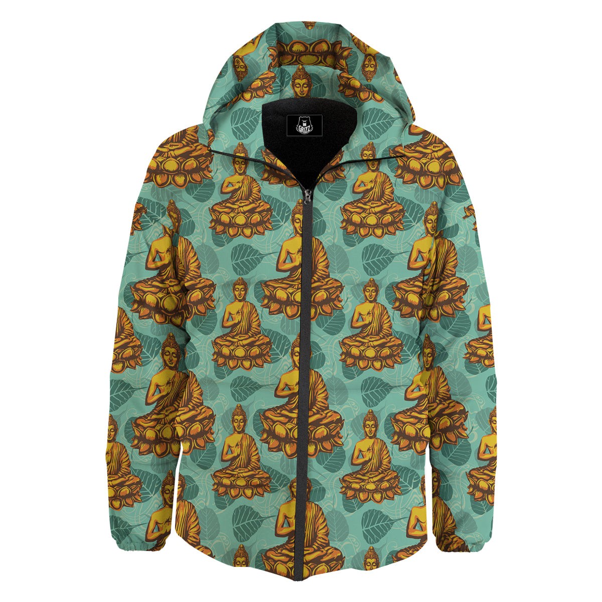 Buddha Sits On The Leaf Print Pattern Down Jacket-grizzshop