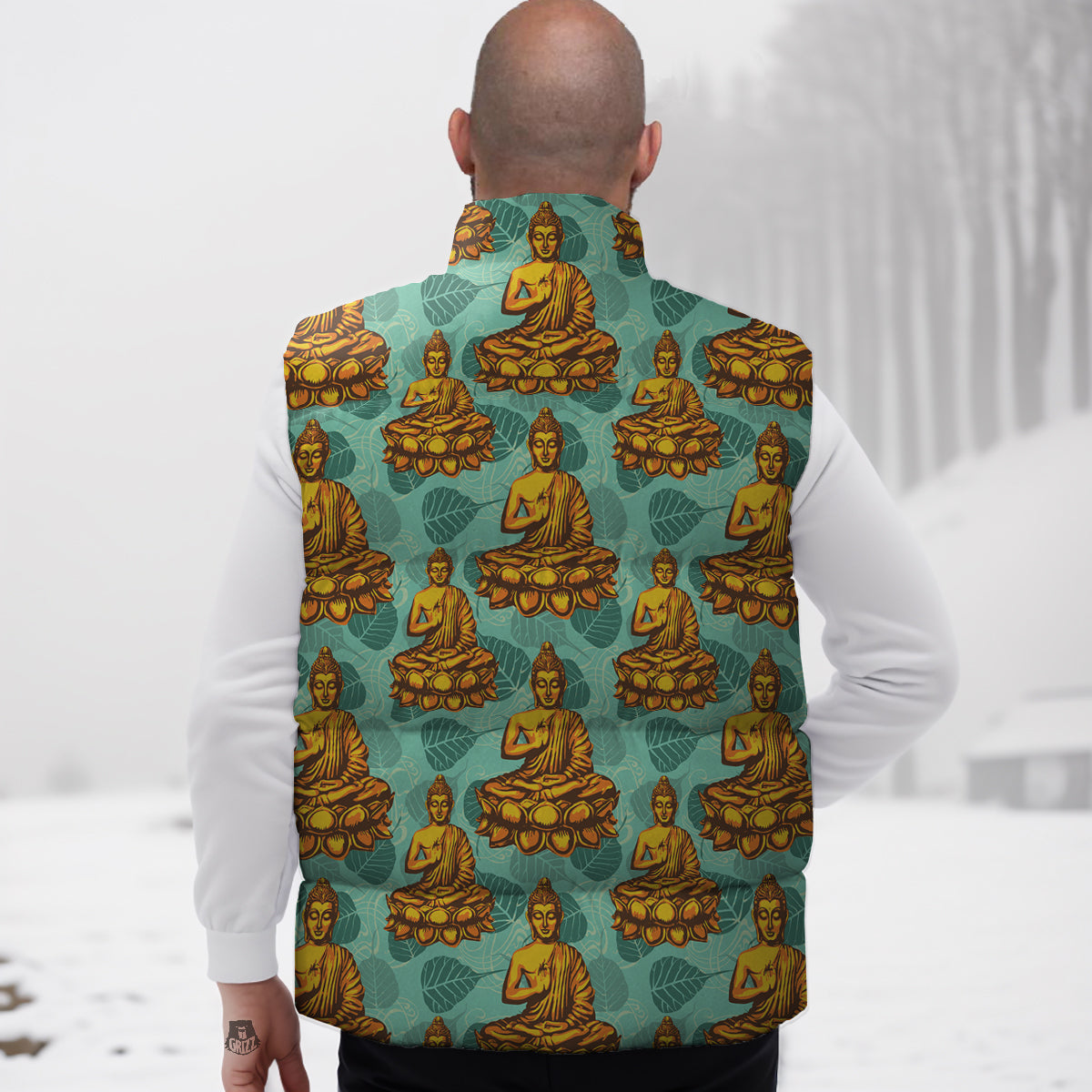 Buddha Sits On The Leaf Print Pattern Down Vest
