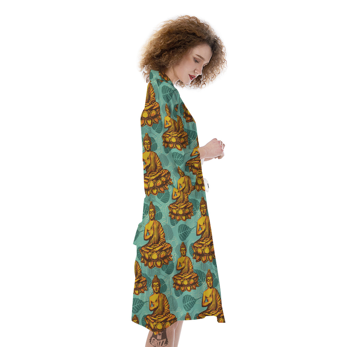 Buddha Sits On The Leaf Print Pattern Kimono-grizzshop