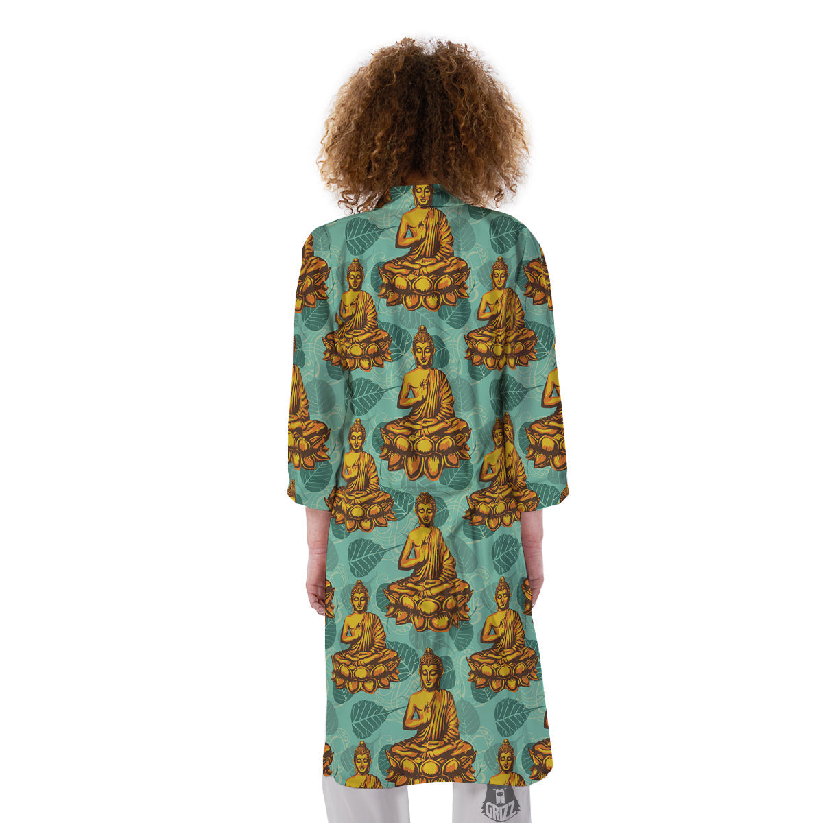 Buddha Sits On The Leaf Print Pattern Kimono-grizzshop
