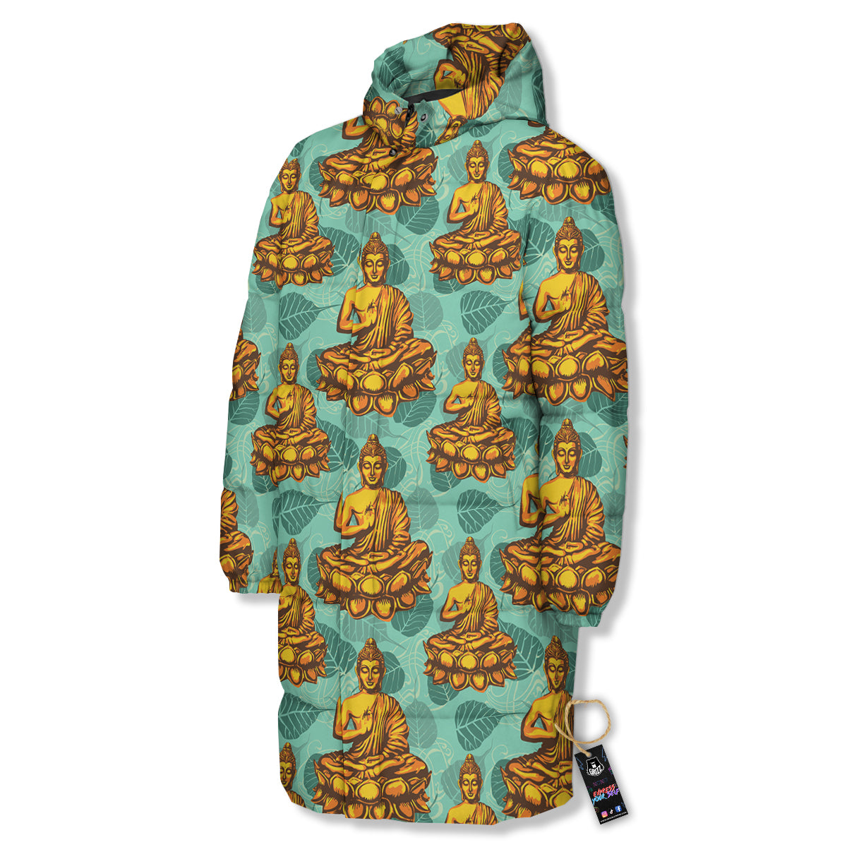 Buddha Sits On The Leaf Print Pattern Long Down Jacket-grizzshop