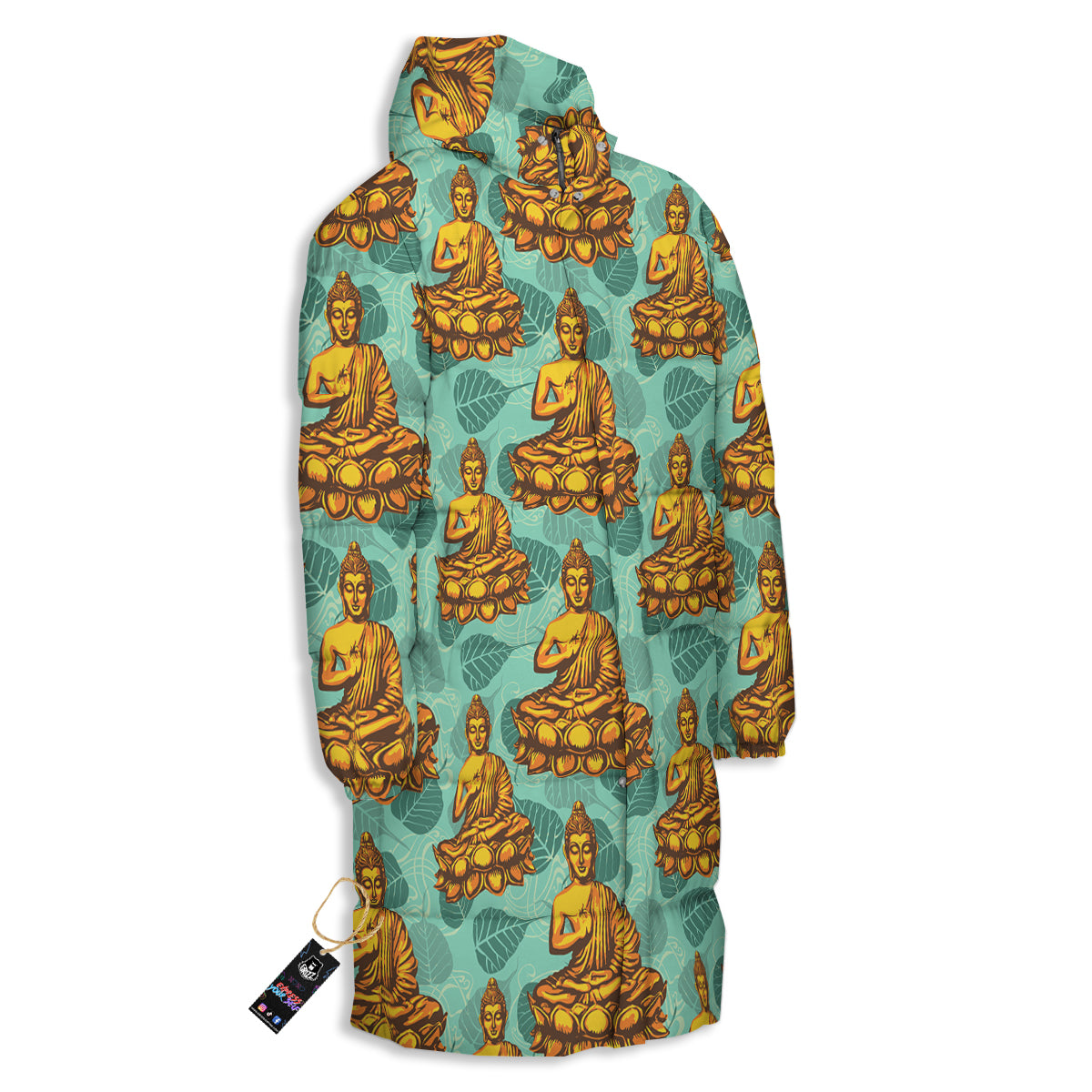 Buddha Sits On The Leaf Print Pattern Long Down Jacket-grizzshop