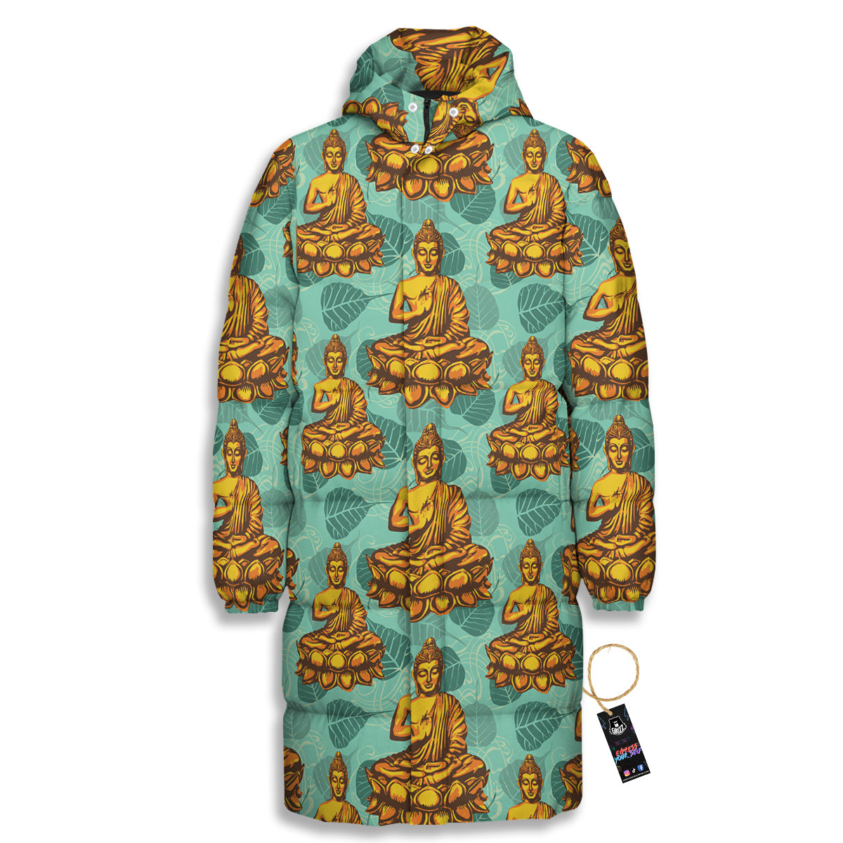 Buddha Sits On The Leaf Print Pattern Long Down Jacket-grizzshop