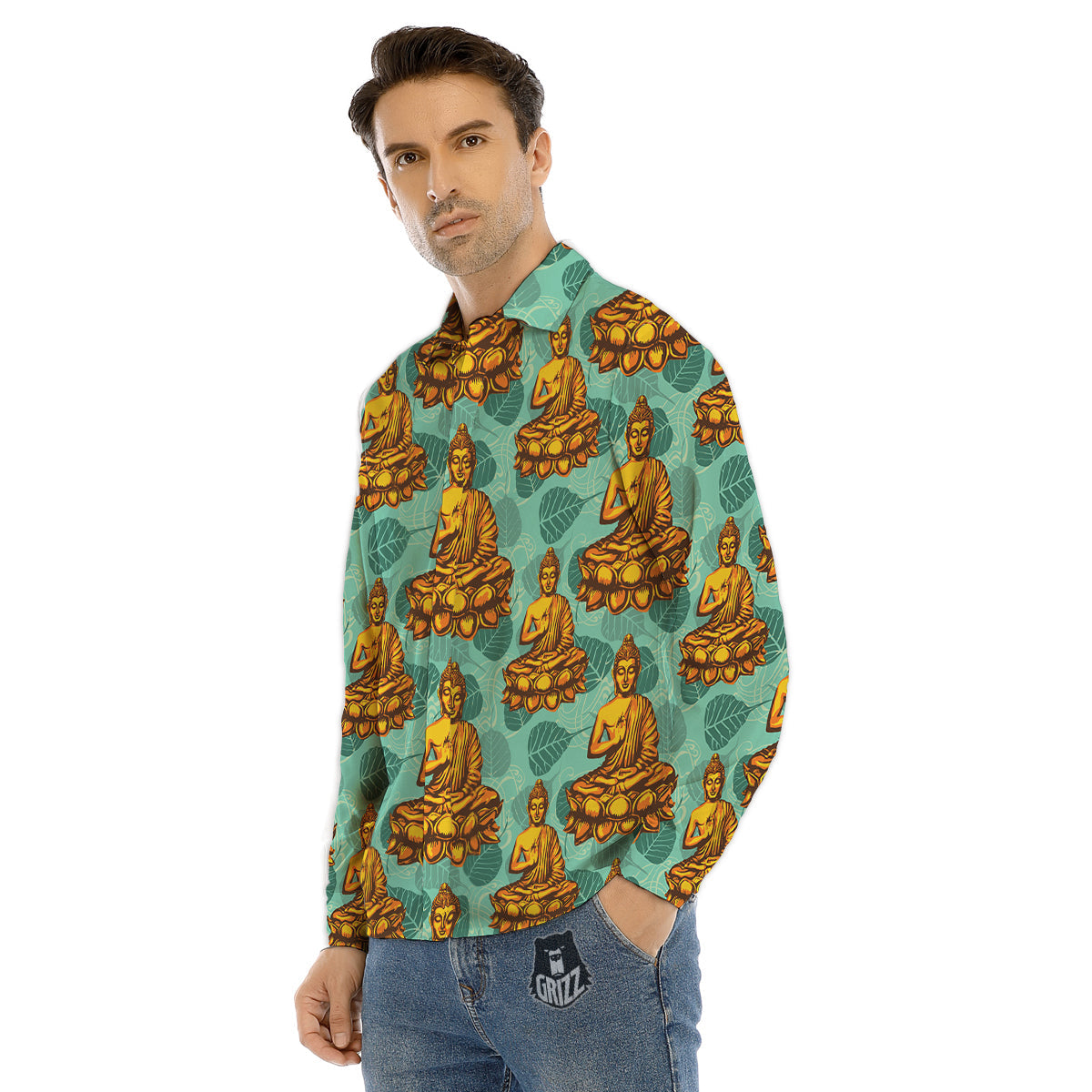 Buddha Sits On The Leaf Print Pattern Men's Dress Shirts-grizzshop