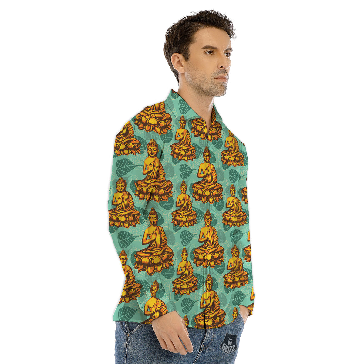 Buddha Sits On The Leaf Print Pattern Men's Dress Shirts-grizzshop