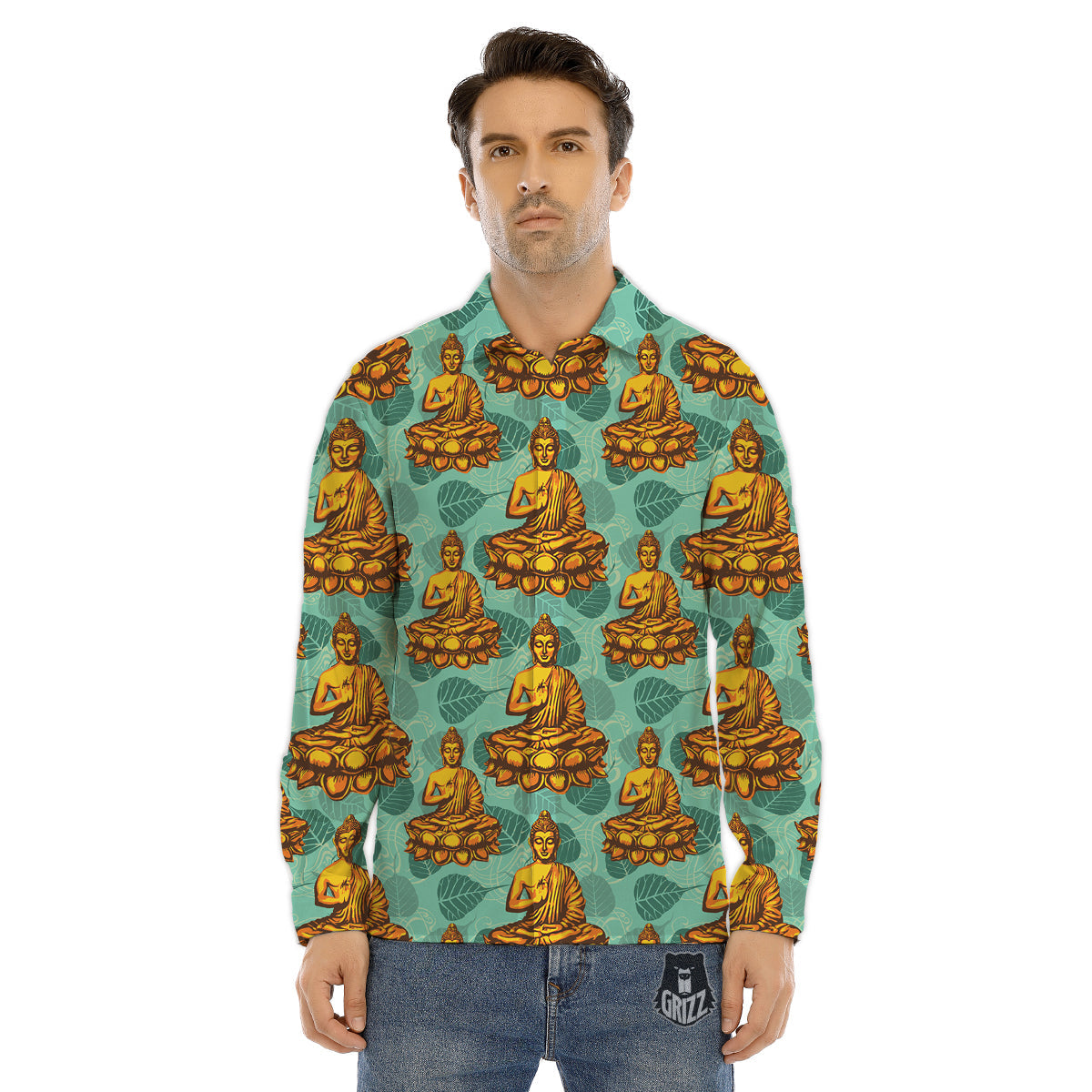Buddha Sits On The Leaf Print Pattern Men's Dress Shirts-grizzshop