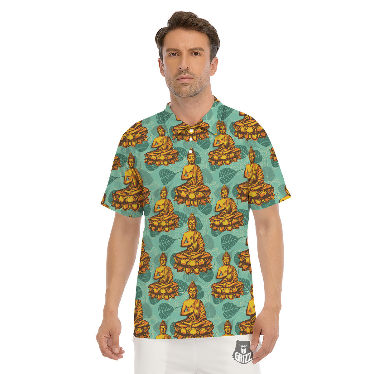 Buddha Sits On The Leaf Print Pattern Men's Golf Shirts-grizzshop