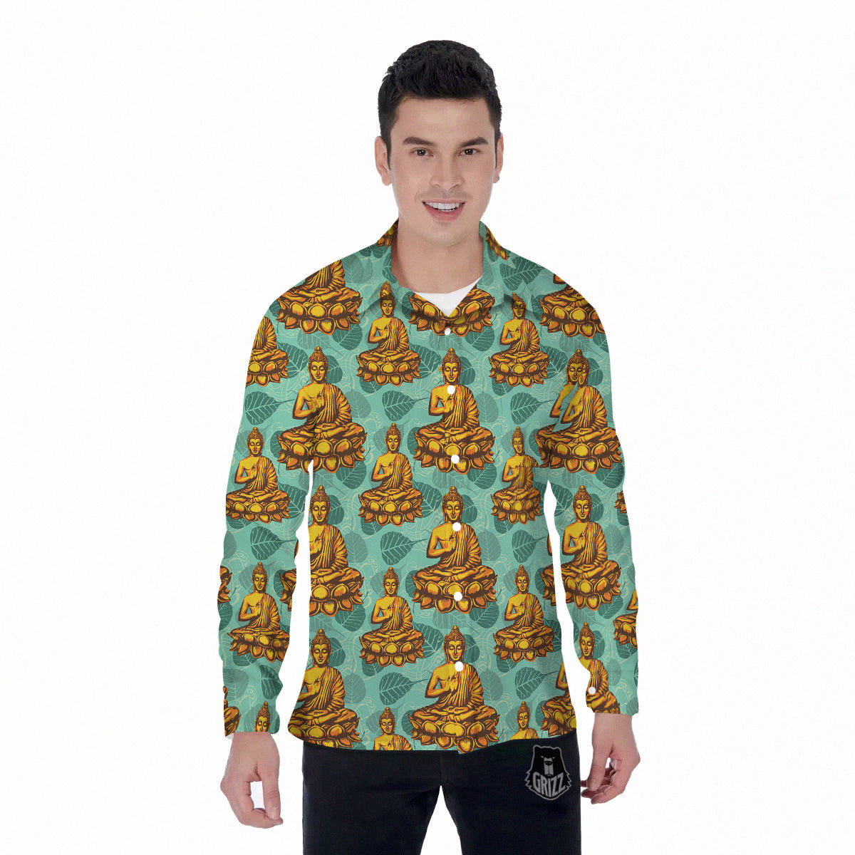 Buddha Sits On The Leaf Print Pattern Men's Long Sleeve Shirts-grizzshop