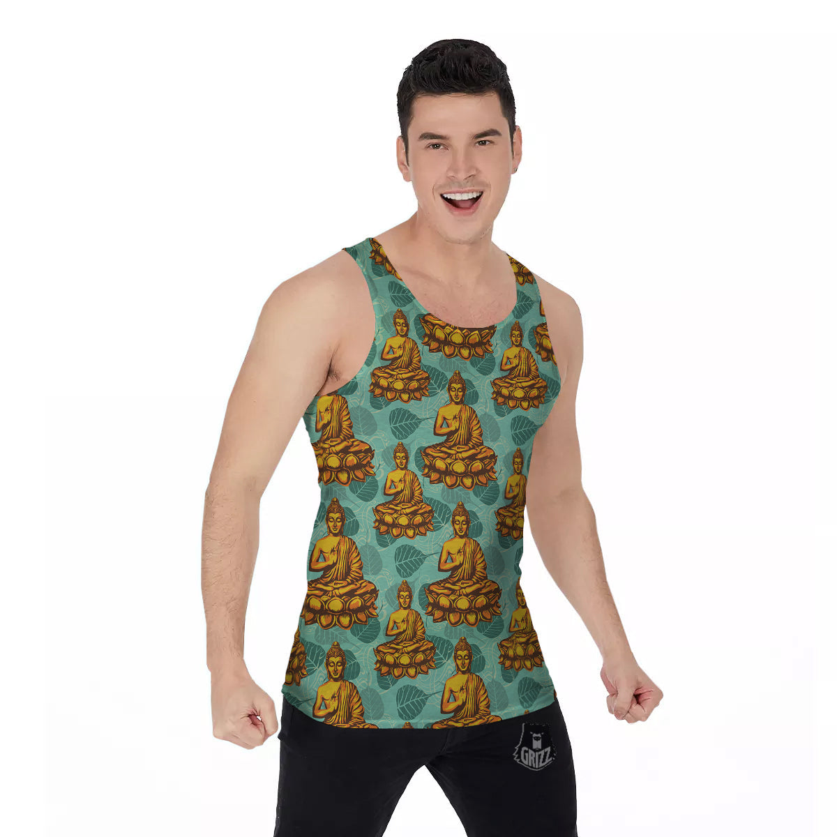 Buddha Sits On The Leaf Print Pattern Men's Tank Top-grizzshop