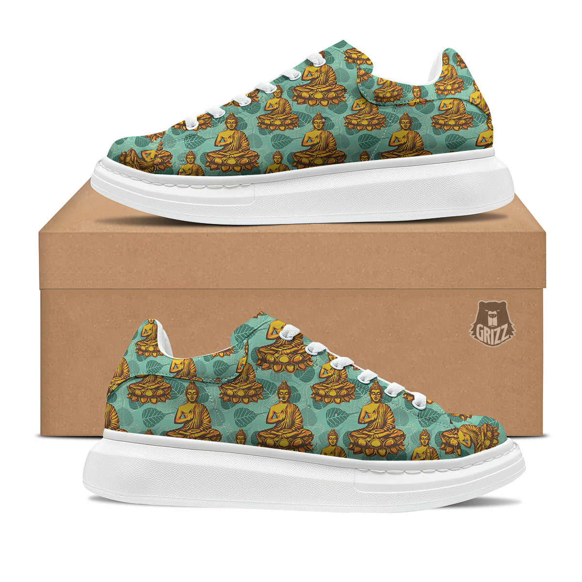 Buddha Sits On The Leaf Print Pattern Platform Shoes-grizzshop