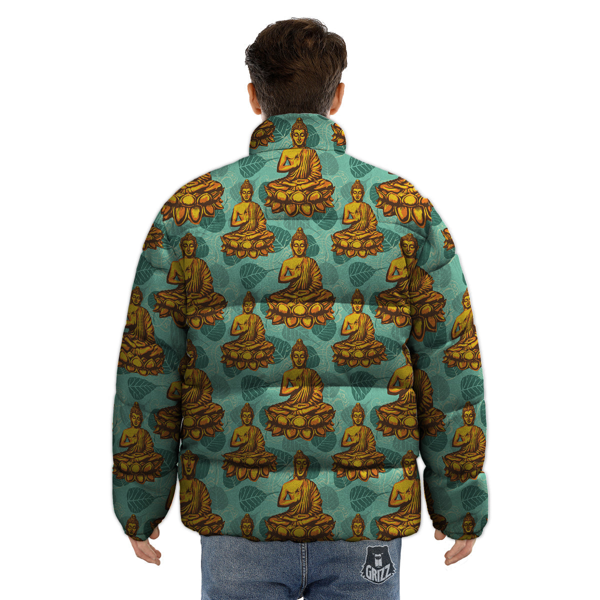 Buddha Sits On The Leaf Print Pattern Puffer Jacket-grizzshop