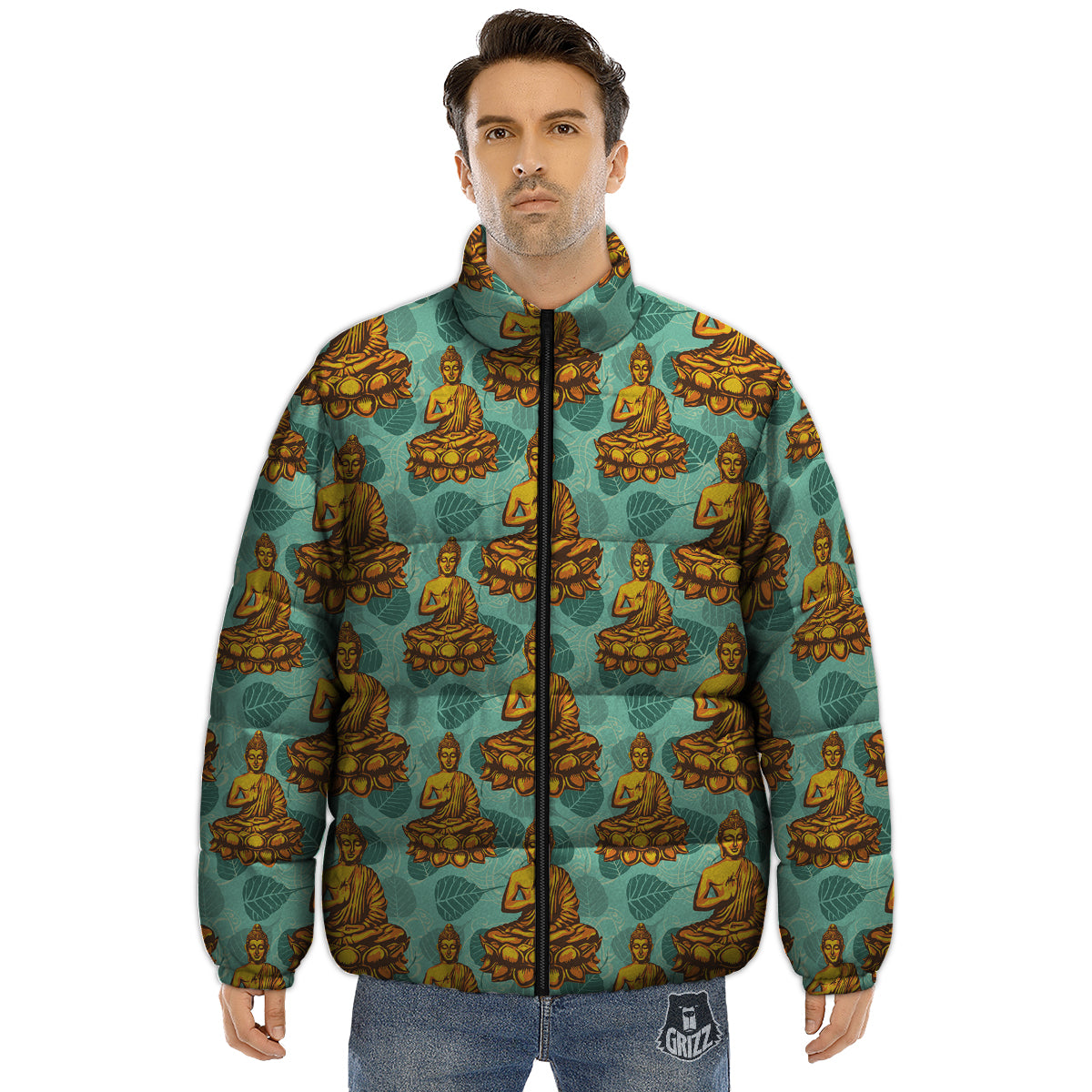 Buddha Sits On The Leaf Print Pattern Puffer Jacket-grizzshop