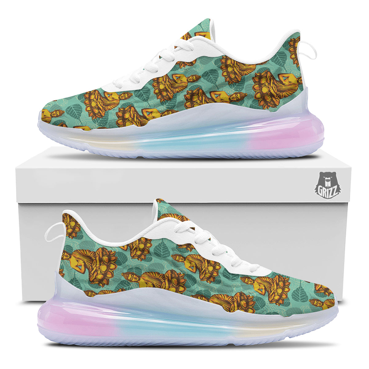 Buddha Sits On The Leaf Print Pattern Running Sneakers-grizzshop