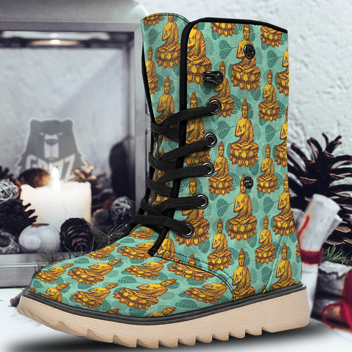 Buddha Sits On The Leaf Print Pattern Snow Boots-grizzshop