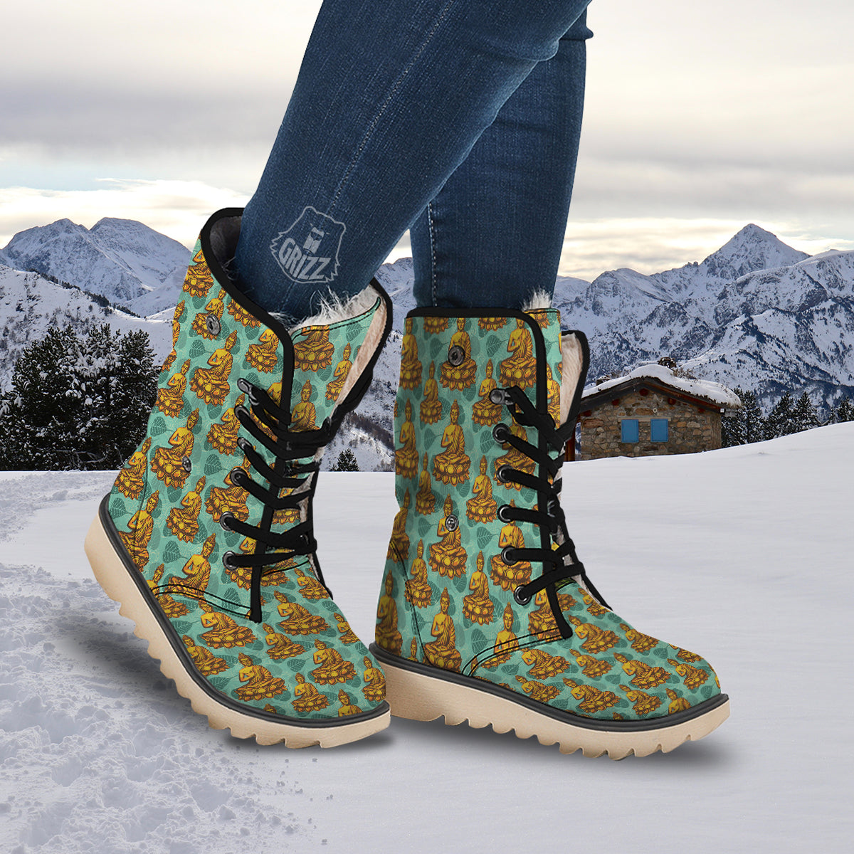 Buddha Sits On The Leaf Print Pattern Snow Boots-grizzshop