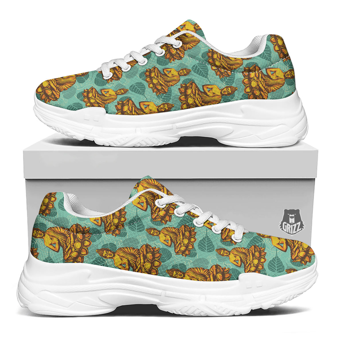 Buddha Sits On The Leaf Print Pattern White Chunky Shoes-grizzshop
