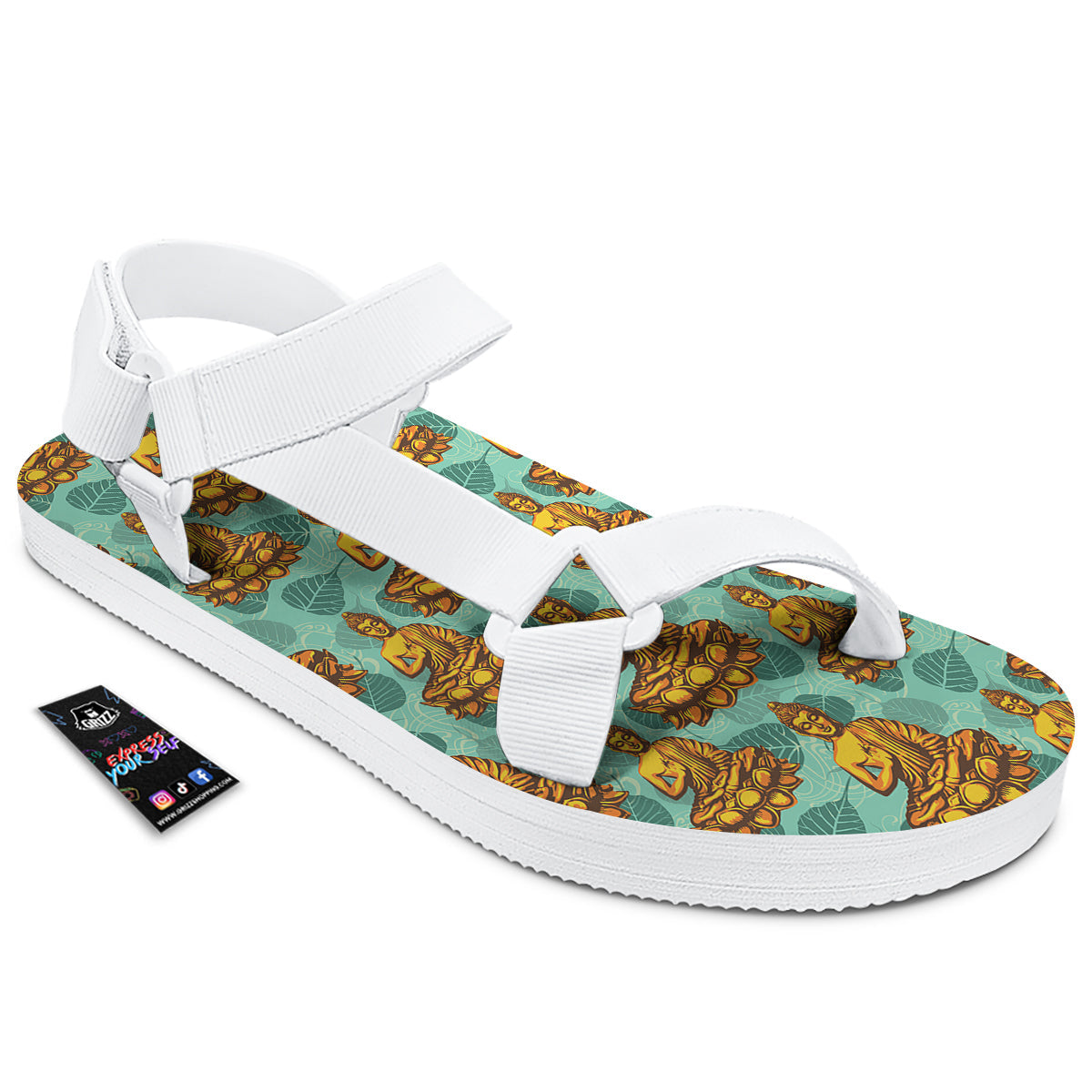 Buddha Sits On The Leaf Print Pattern White Open Toe Sandals-grizzshop