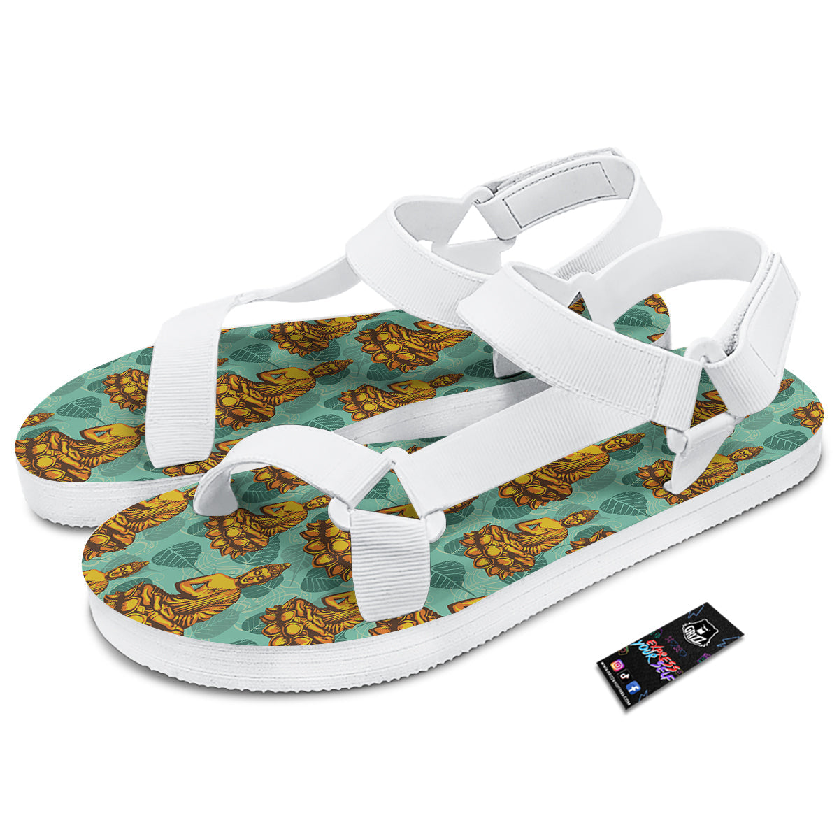 Buddha Sits On The Leaf Print Pattern White Open Toe Sandals-grizzshop