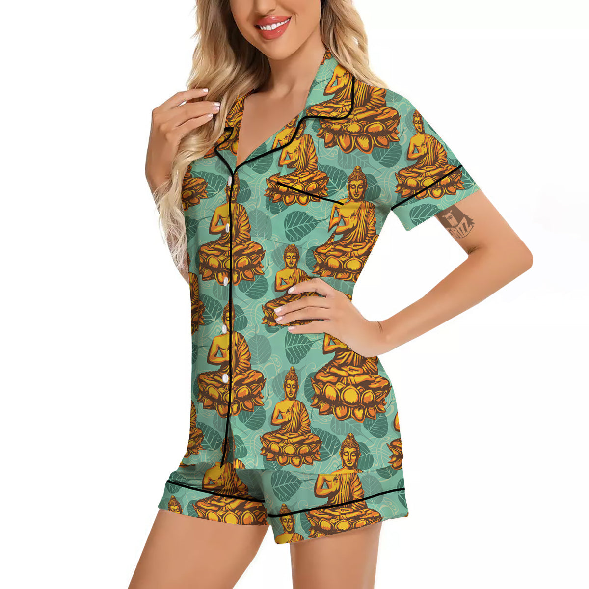 Buddha Sits On The Leaf Print Pattern Women Silk Pajamas-grizzshop