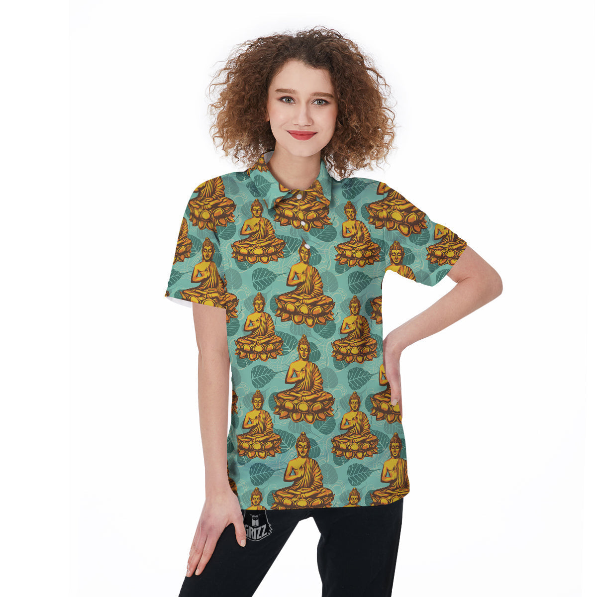 Buddha Sits On The Leaf Print Pattern Women's Golf Shirts-grizzshop