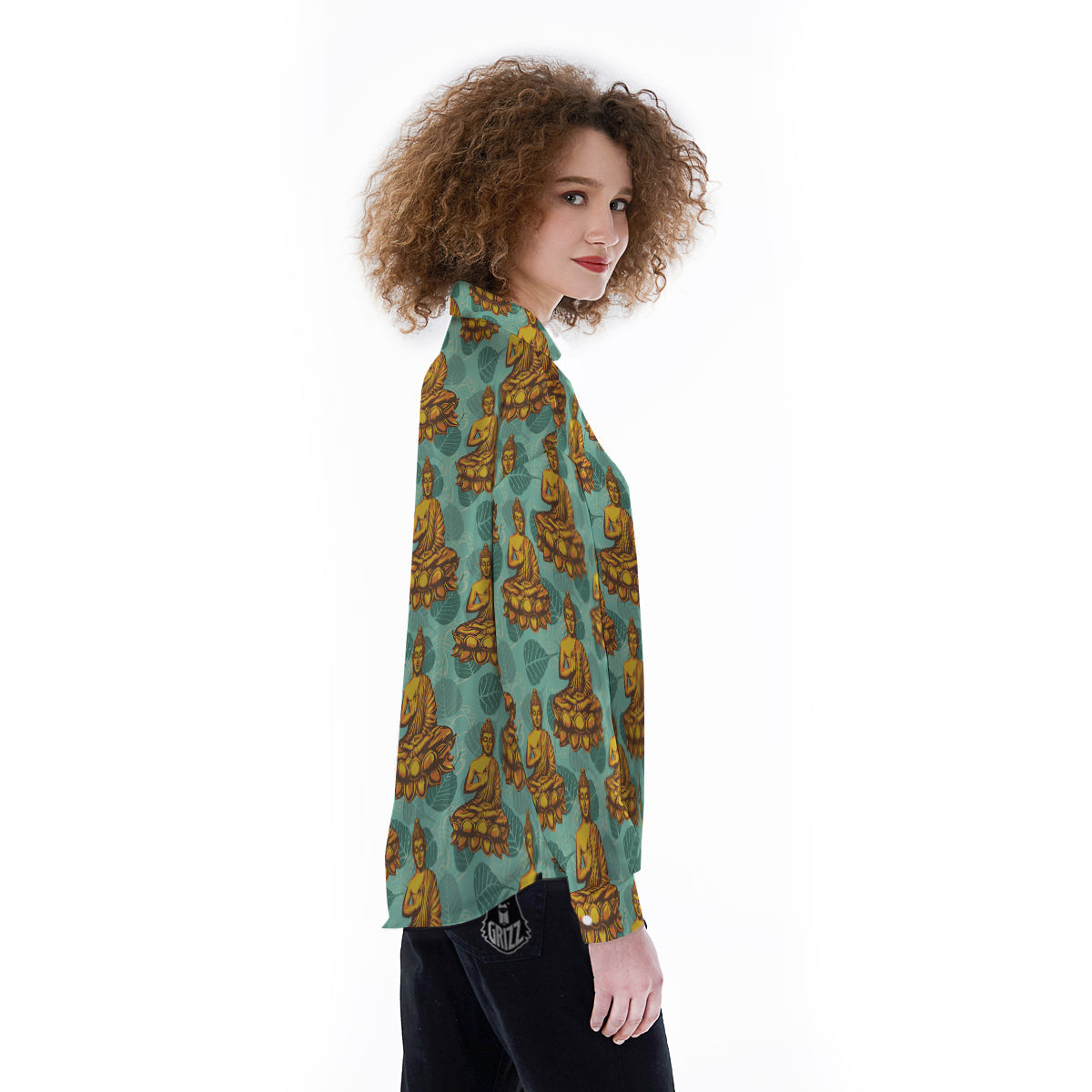 Buddha Sits On The Leaf Print Pattern Women's Long Sleeve Shirts-grizzshop