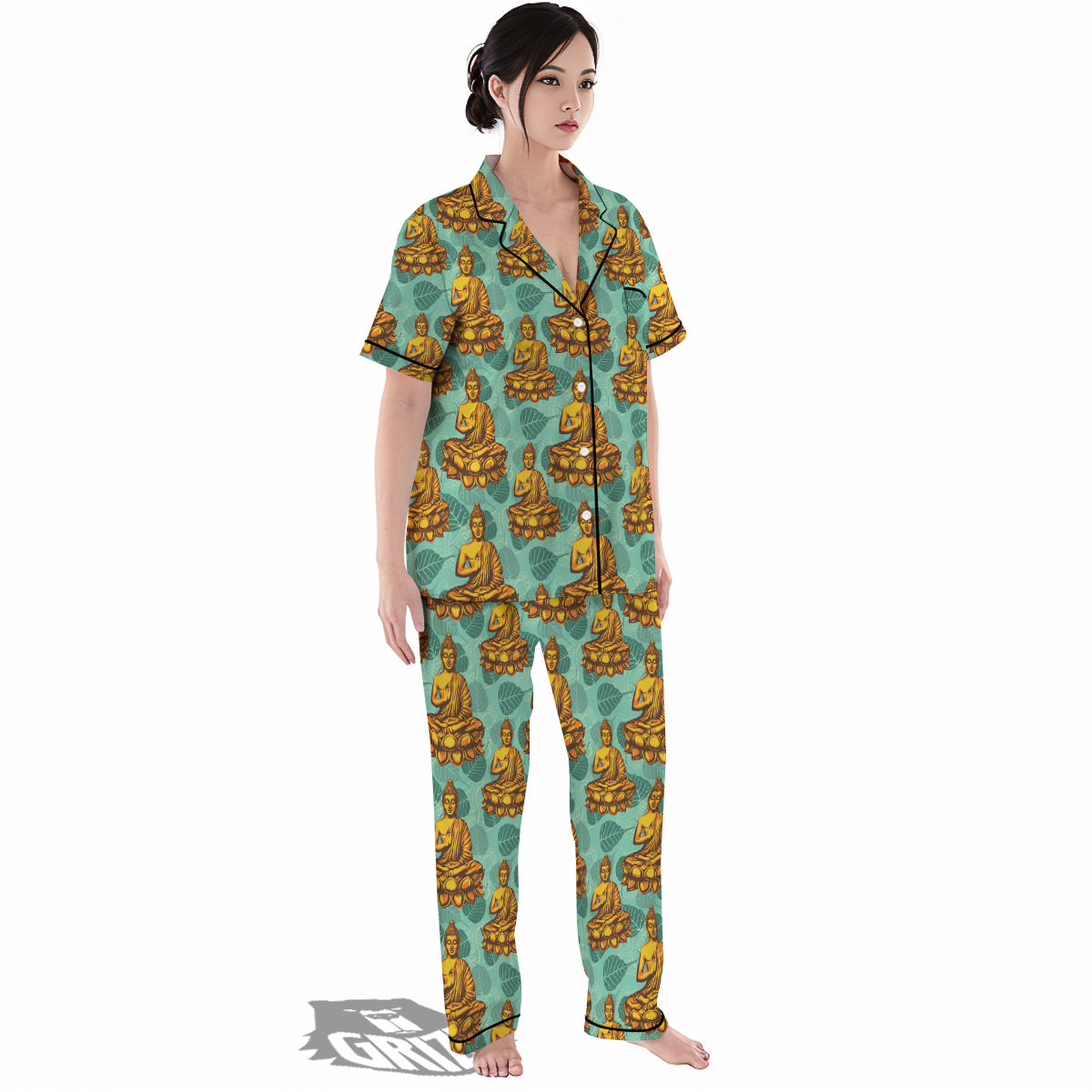 Buddha Sits On The Leaf Print Pattern Women's Pajamas Set-grizzshop