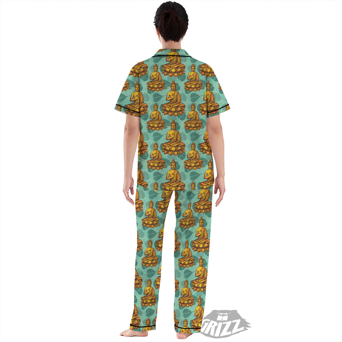 Buddha Sits On The Leaf Print Pattern Women's Pajamas Set-grizzshop