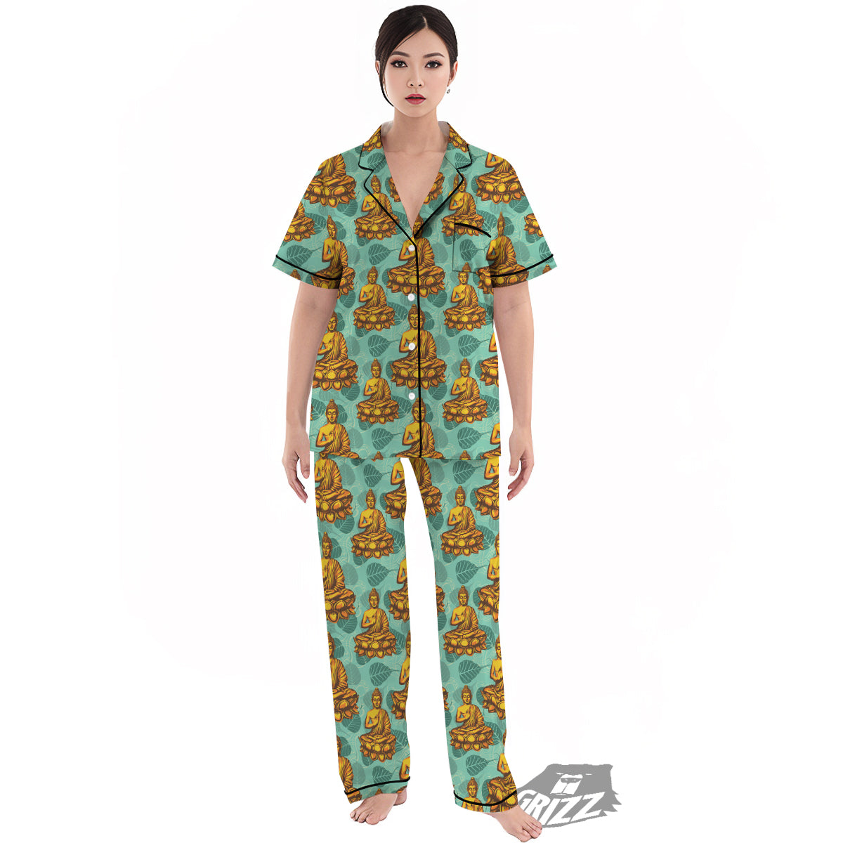 Buddha Sits On The Leaf Print Pattern Women's Pajamas Set-grizzshop