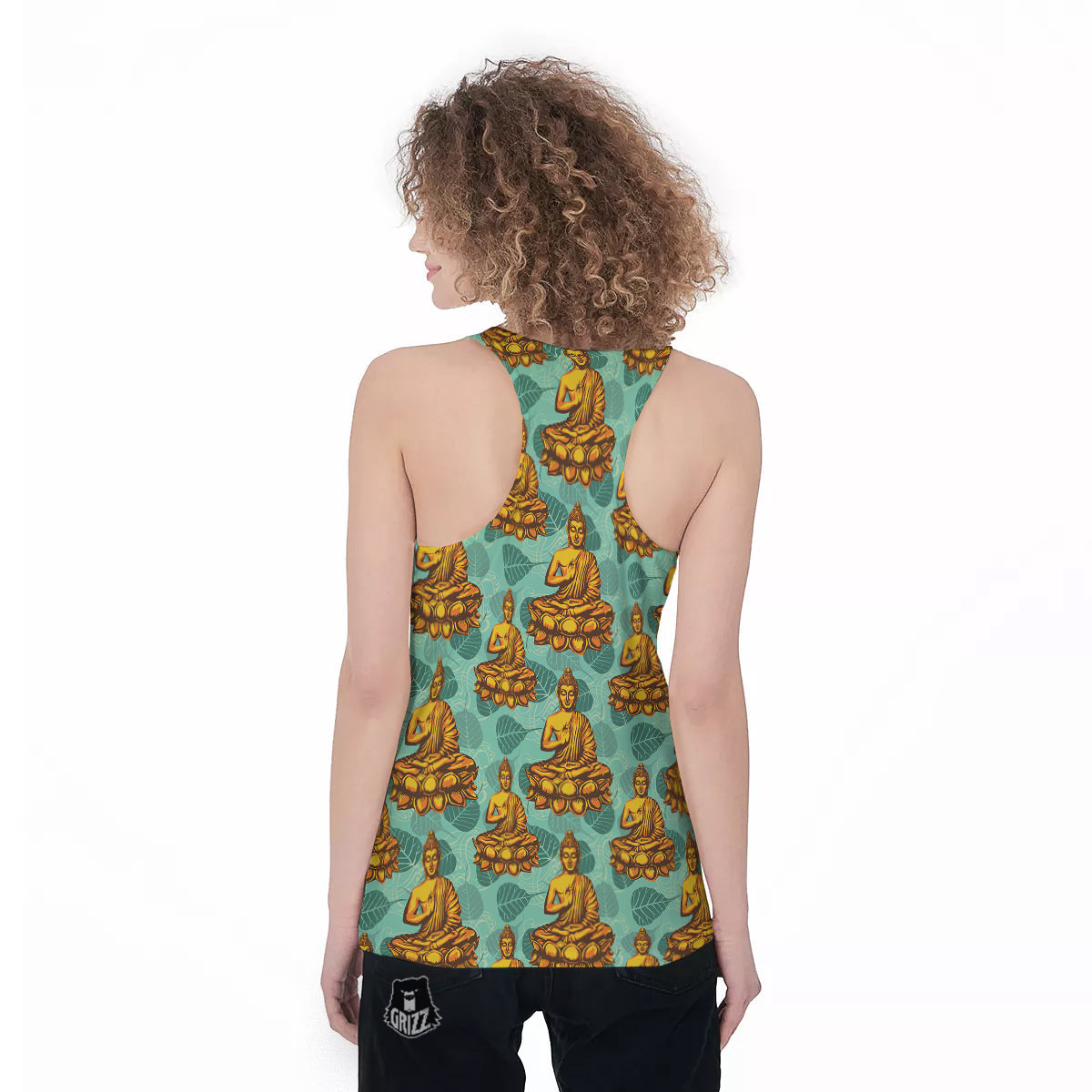 Buddha Sits On The Leaf Print Pattern Women's Racerback Tank Top-grizzshop