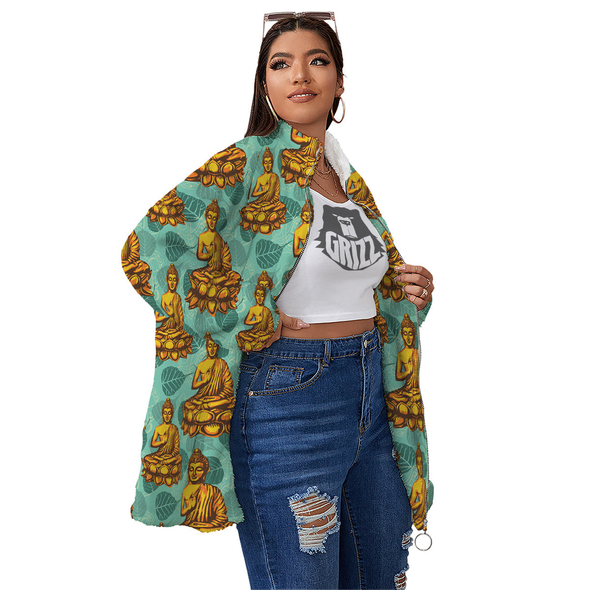 Buddha Sits On The Leaf Print Pattern Women's Sherpa Jacket-grizzshop