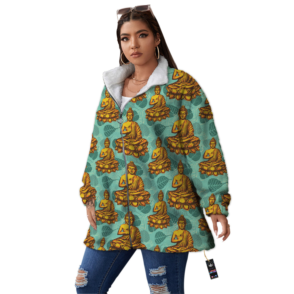 Buddha Sits On The Leaf Print Pattern Women's Sherpa Jacket-grizzshop