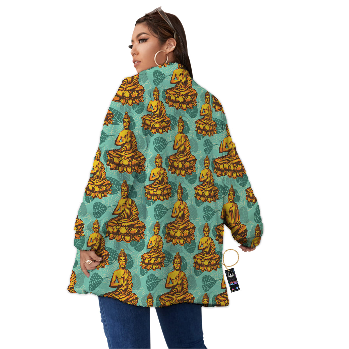 Buddha Sits On The Leaf Print Pattern Women's Sherpa Jacket-grizzshop