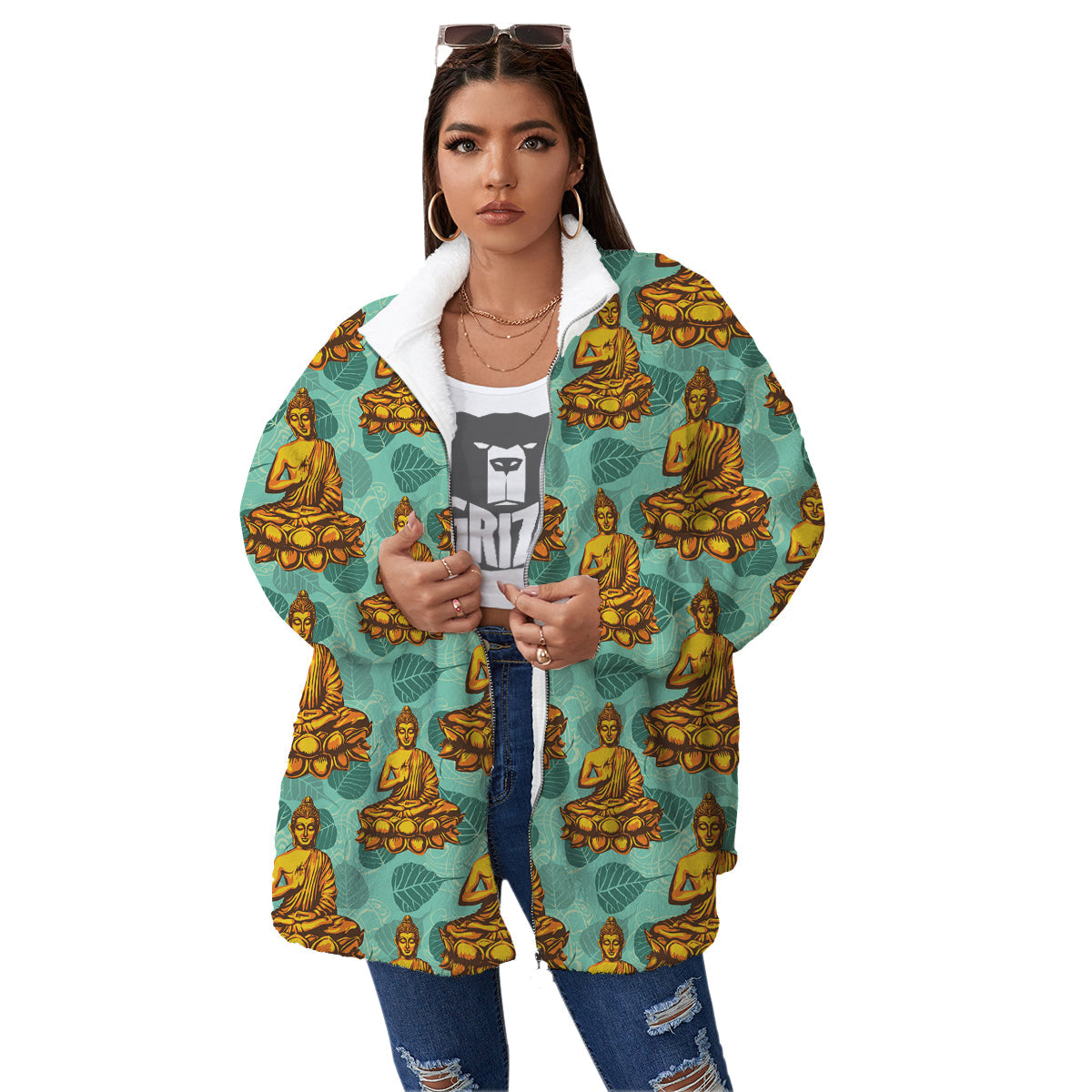 Buddha Sits On The Leaf Print Pattern Women's Sherpa Jacket-grizzshop