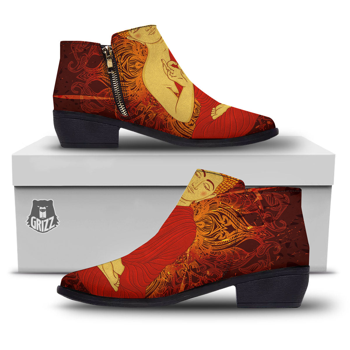 Buddha Statue Vintage Print Ankle Boots-grizzshop