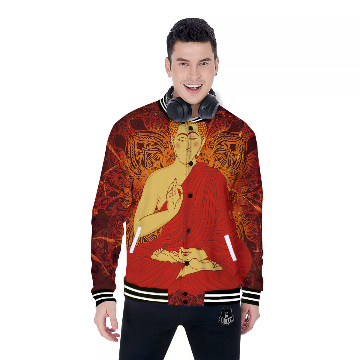 Buddha Statue Vintage Print Baseball Jacket-grizzshop