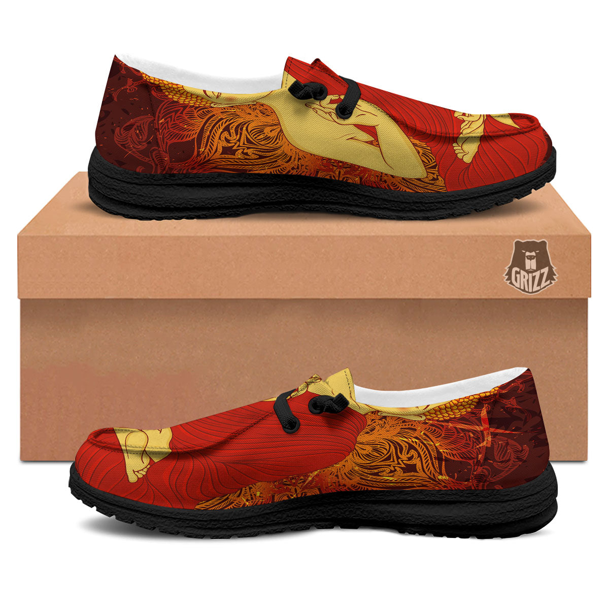 Buddha Statue Vintage Print Black Loafers-grizzshop