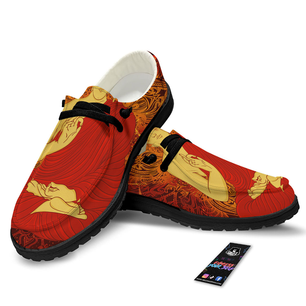 Buddha Statue Vintage Print Black Loafers-grizzshop