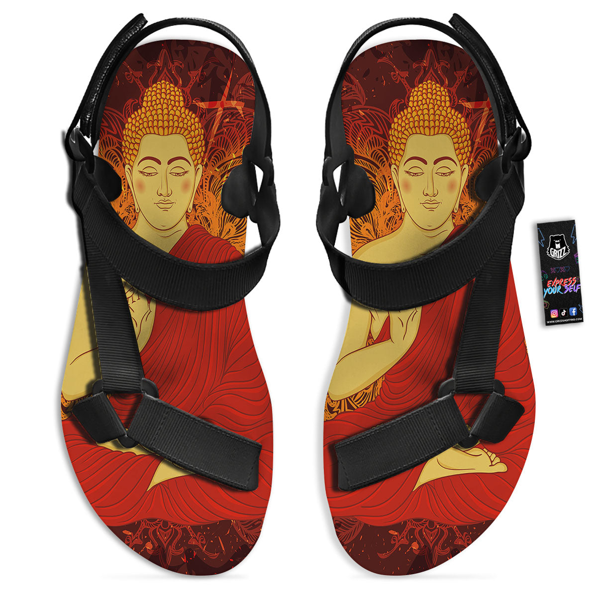 Buddha Statue Vintage Print Black Open Toe Sandals-grizzshop