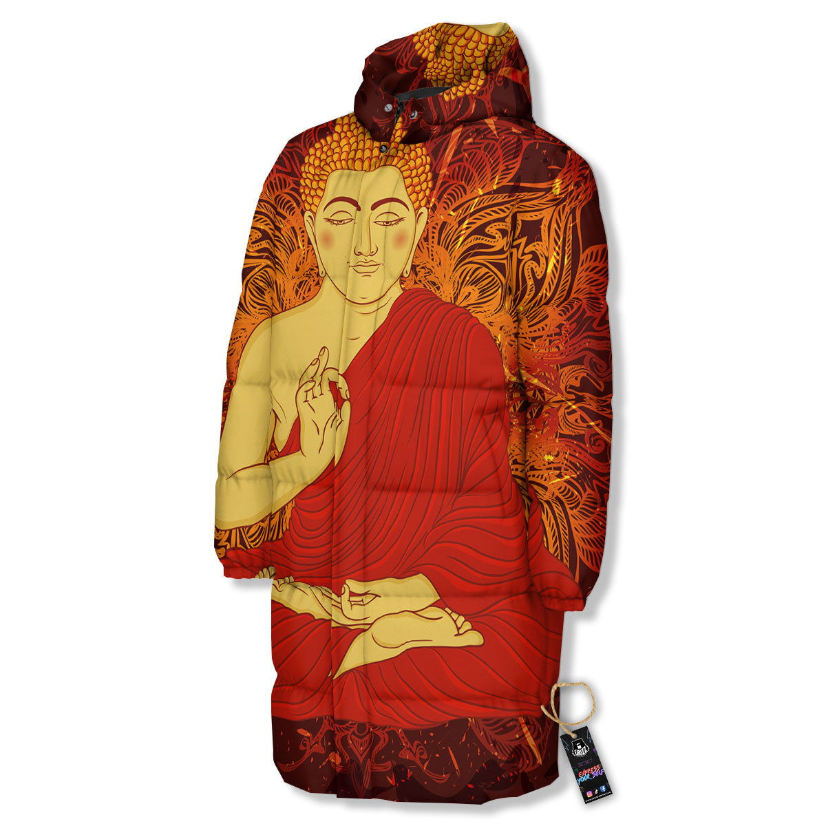 Buddha Statue Vintage Print Long Down Jacket-grizzshop