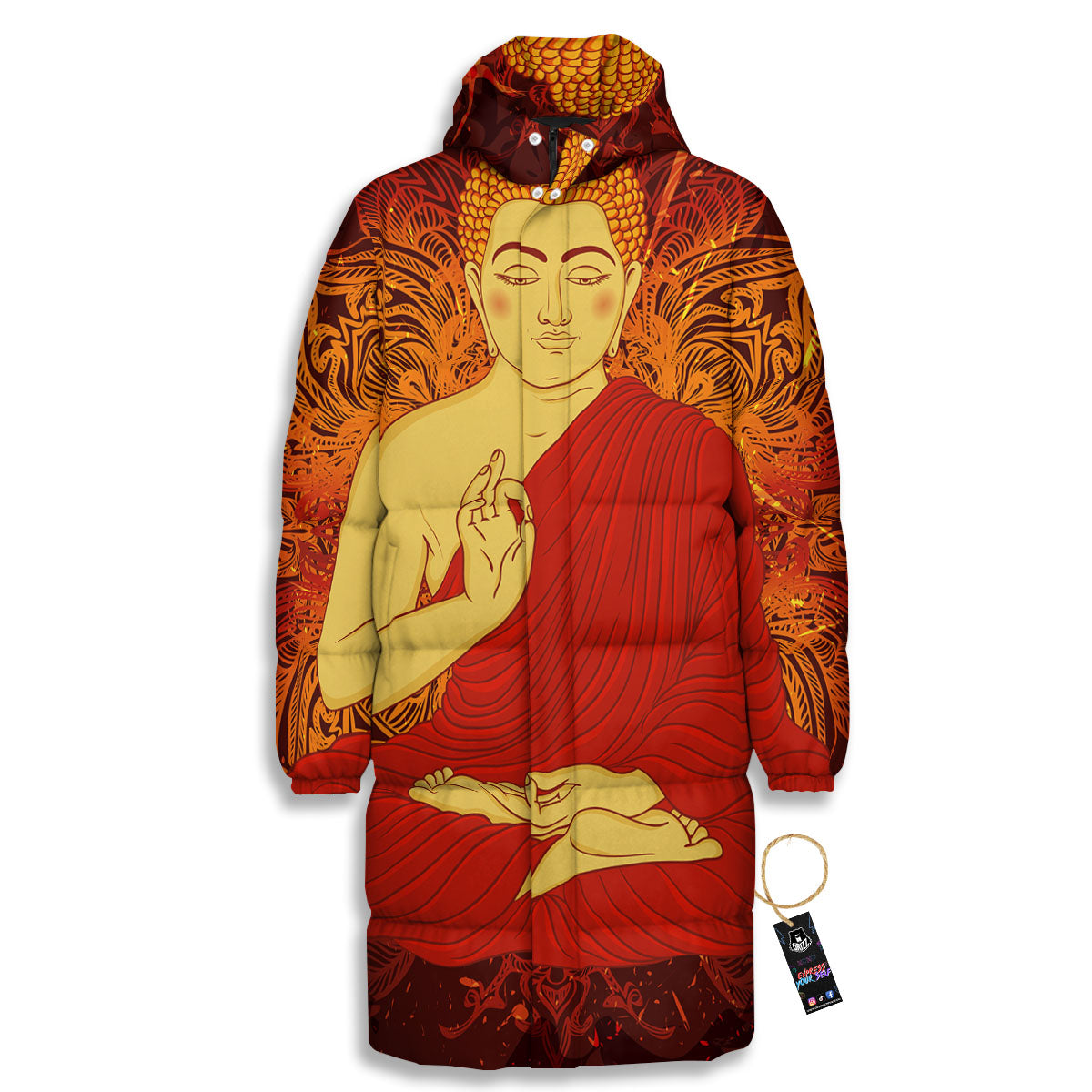 Buddha Statue Vintage Print Long Down Jacket-grizzshop