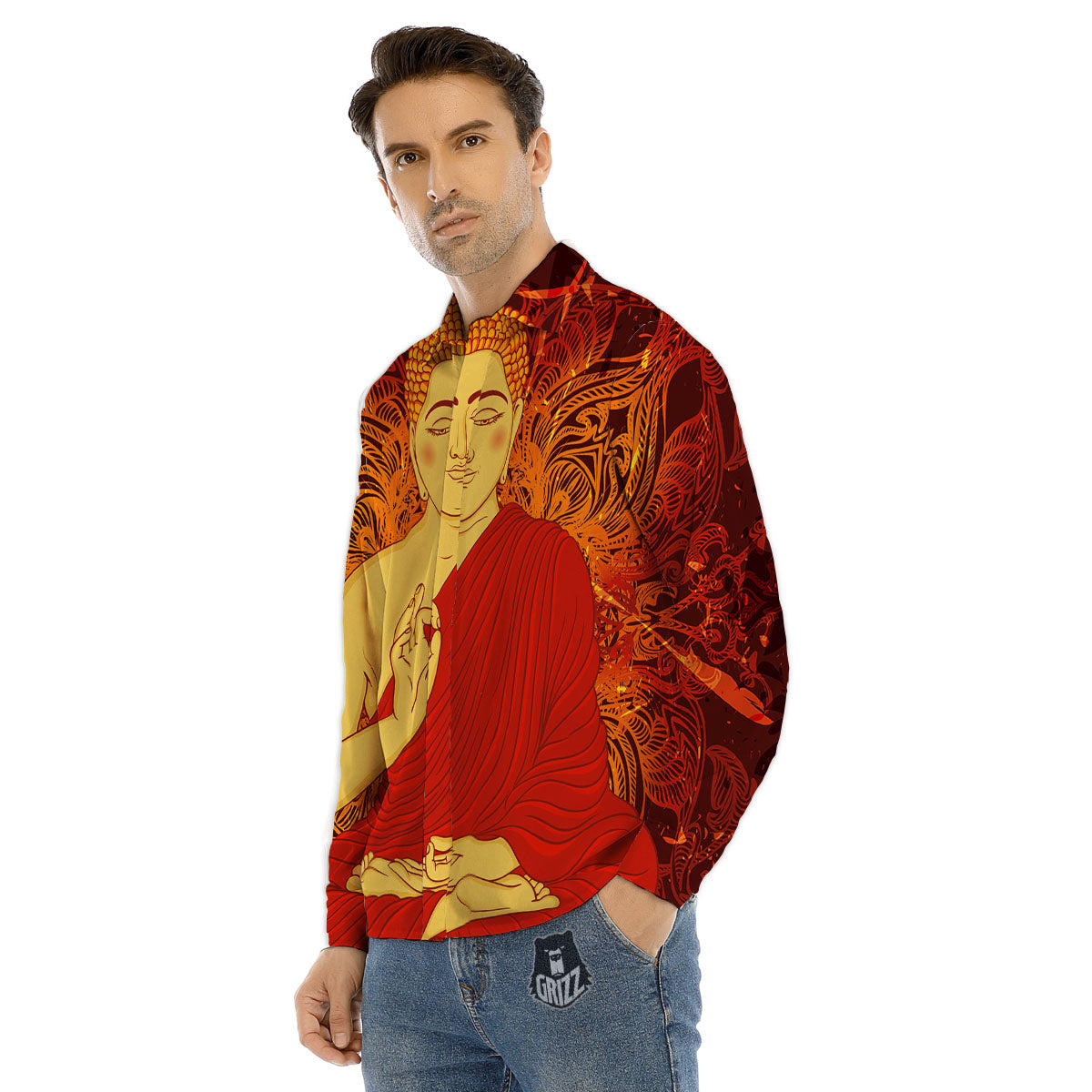 Buddha Statue Vintage Print Men's Dress Shirts-grizzshop