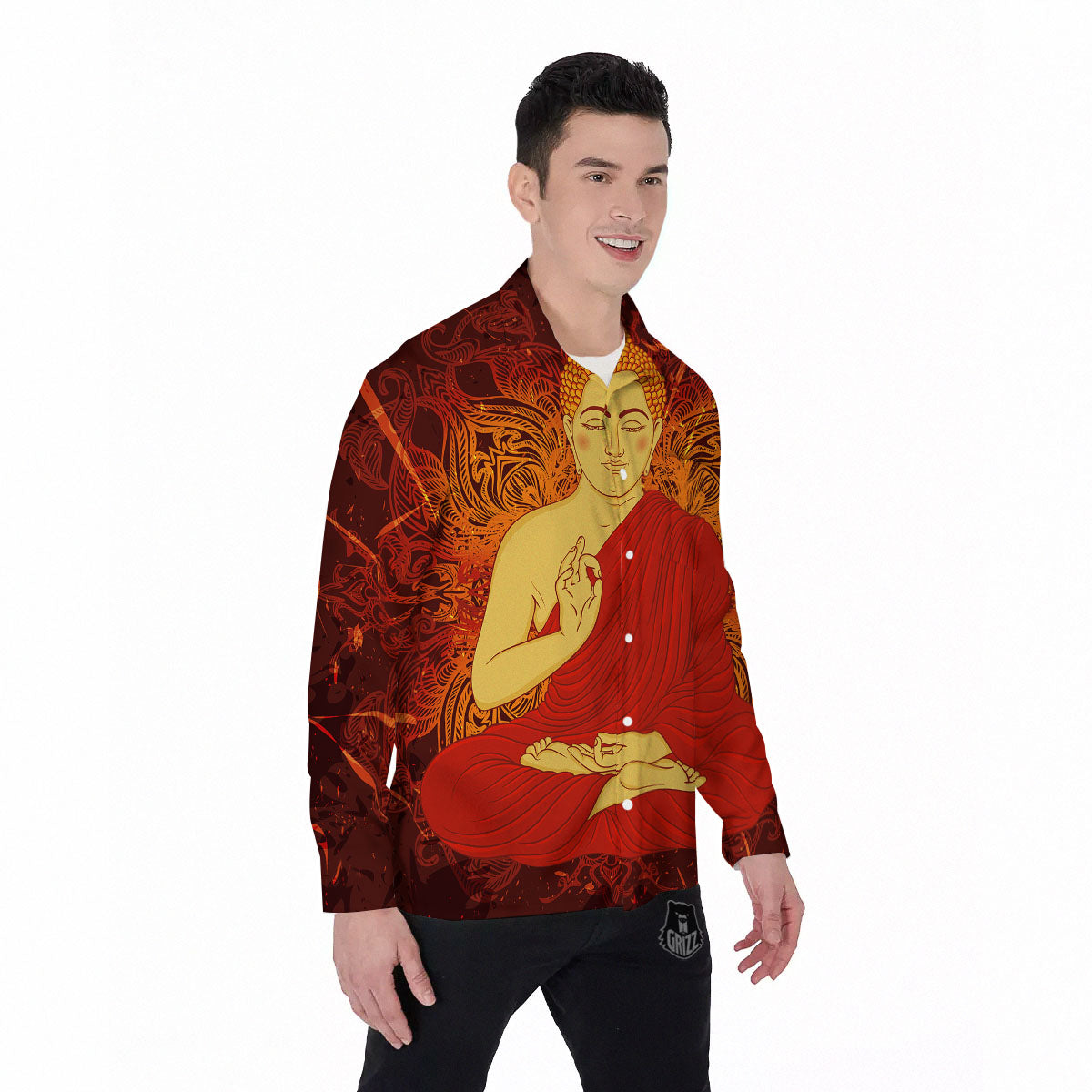 Buddha Statue Vintage Print Men's Long Sleeve Shirts-grizzshop