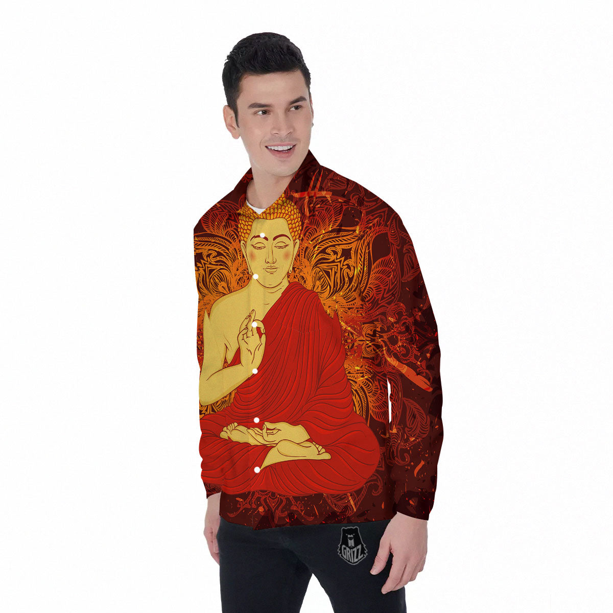 Buddha Statue Vintage Print Men's Long Sleeve Shirts-grizzshop